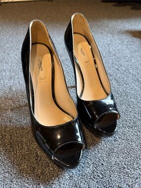 Prada Peeptoe Black Patent Leather Stilettos